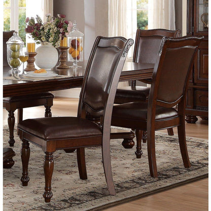 Traditional Dining Wooden Side Chairs Set of 2 Brown Cherry Finish Faux Leather Upholstery Home Furniture