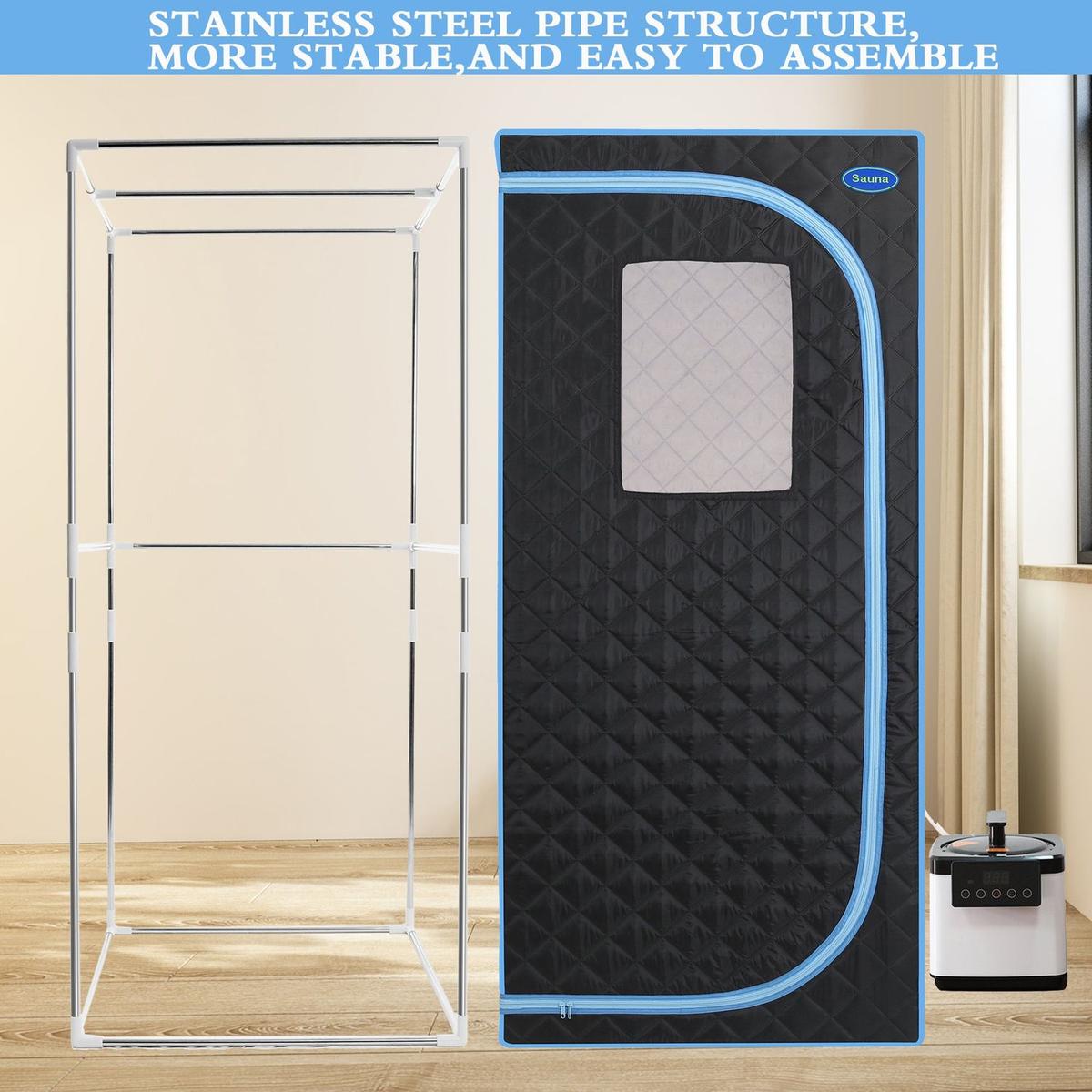 Portable Plus Type Full Size Steam Sauna tent. Spa, Detox, Therapy and Relaxation at home.Larger Space, Stainless Steel Pipes Connector Easy to Install, with FCC Certification--Black (Blue binding)