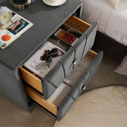 Full bed with two nightstands, Beautiful line stripe cushion headboard, strong wooden slats + metal legs with Electroplate