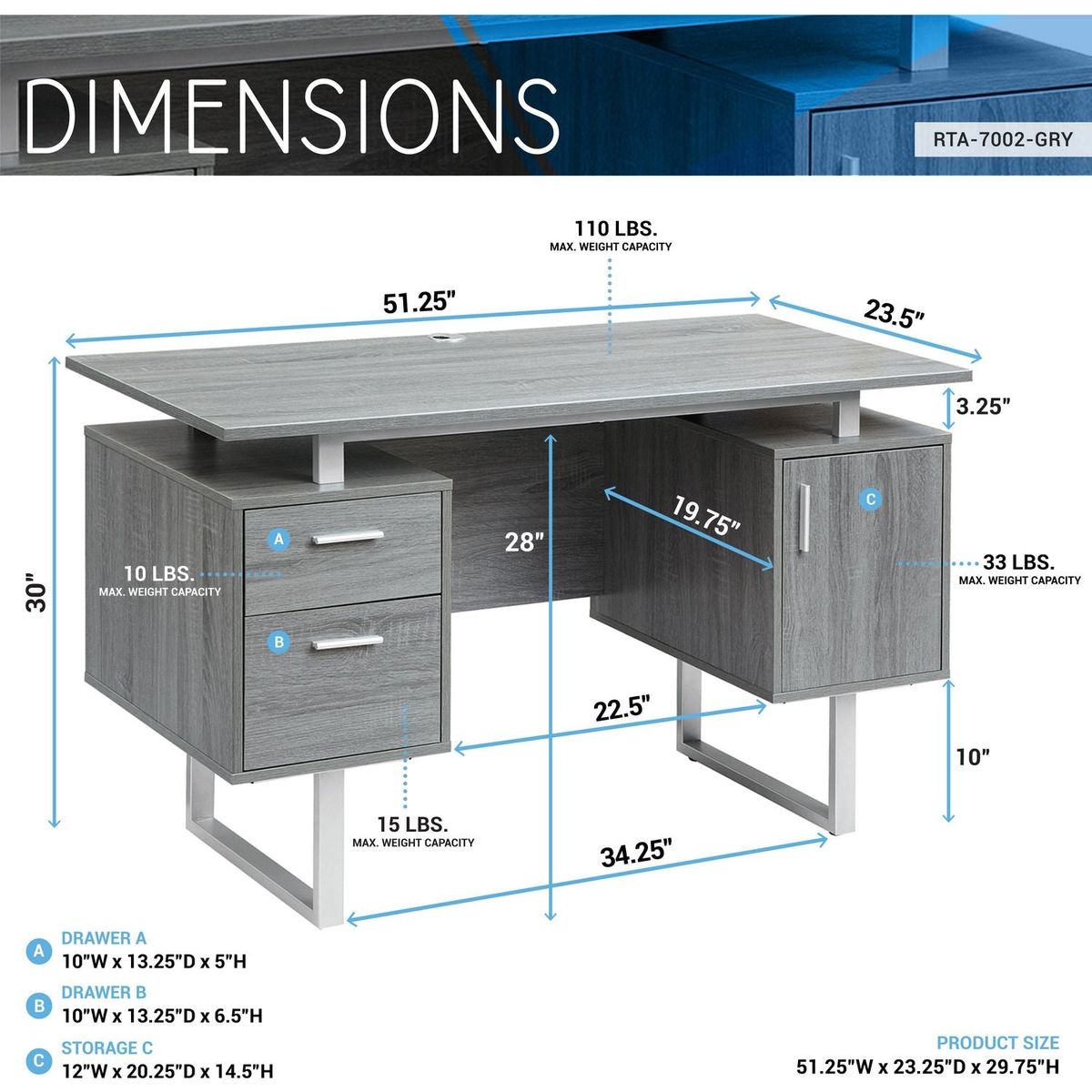 Modern Office Desk with Storage, Grey