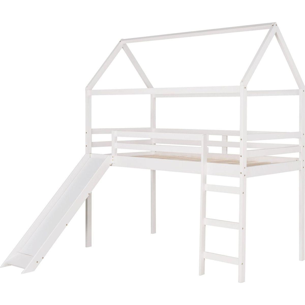 Twin Loft Bed with Slide, House Bed with Slide, White