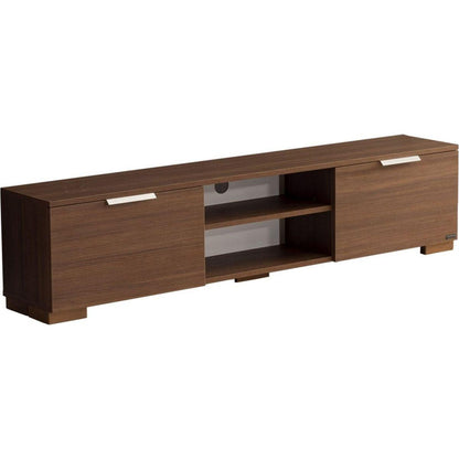 Store April Mid Century Modern Tv Stand 2 Door Cabinets 2 Shelves White 66 inch Tv Unit, Walnut