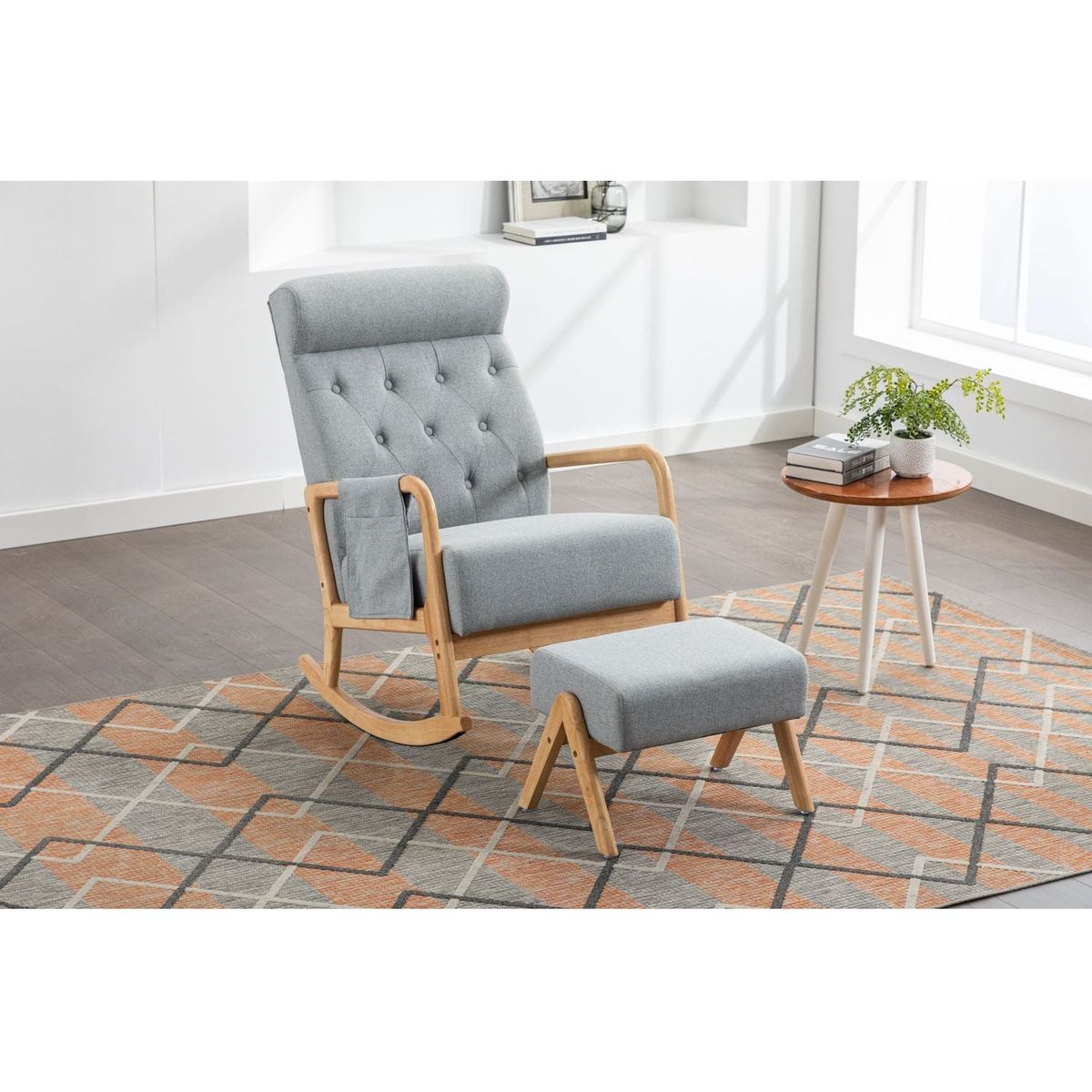 Rocking Chair With Ottoman, Mid-Century Modern Upholstered Fabric Rocking Armchair, Rocking Chair Nursery with Thick Padded Cushion, High Backrest Accent Glider Rocker Chair for Living Room