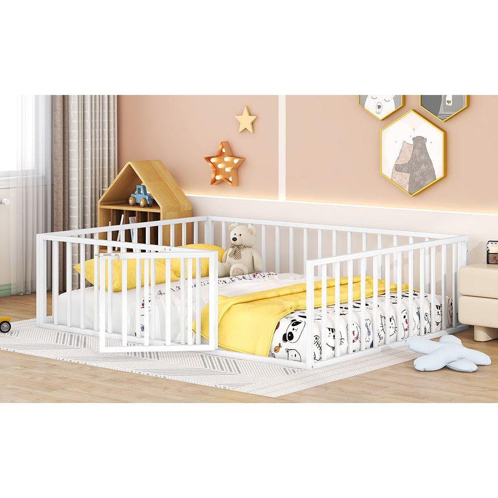 Queen Size Metal Floor Bed Frame with Fence and Door, White