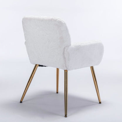 Artificial Rabbit Hair Dining Chair, Furry Desk Chair, Modern Faux Fur Chair for Teen Girls, Comfy Armchair with Golden Metal Legs for Living Room, Vanity Makeup Chair, Set of 2, White Rabbit Hair