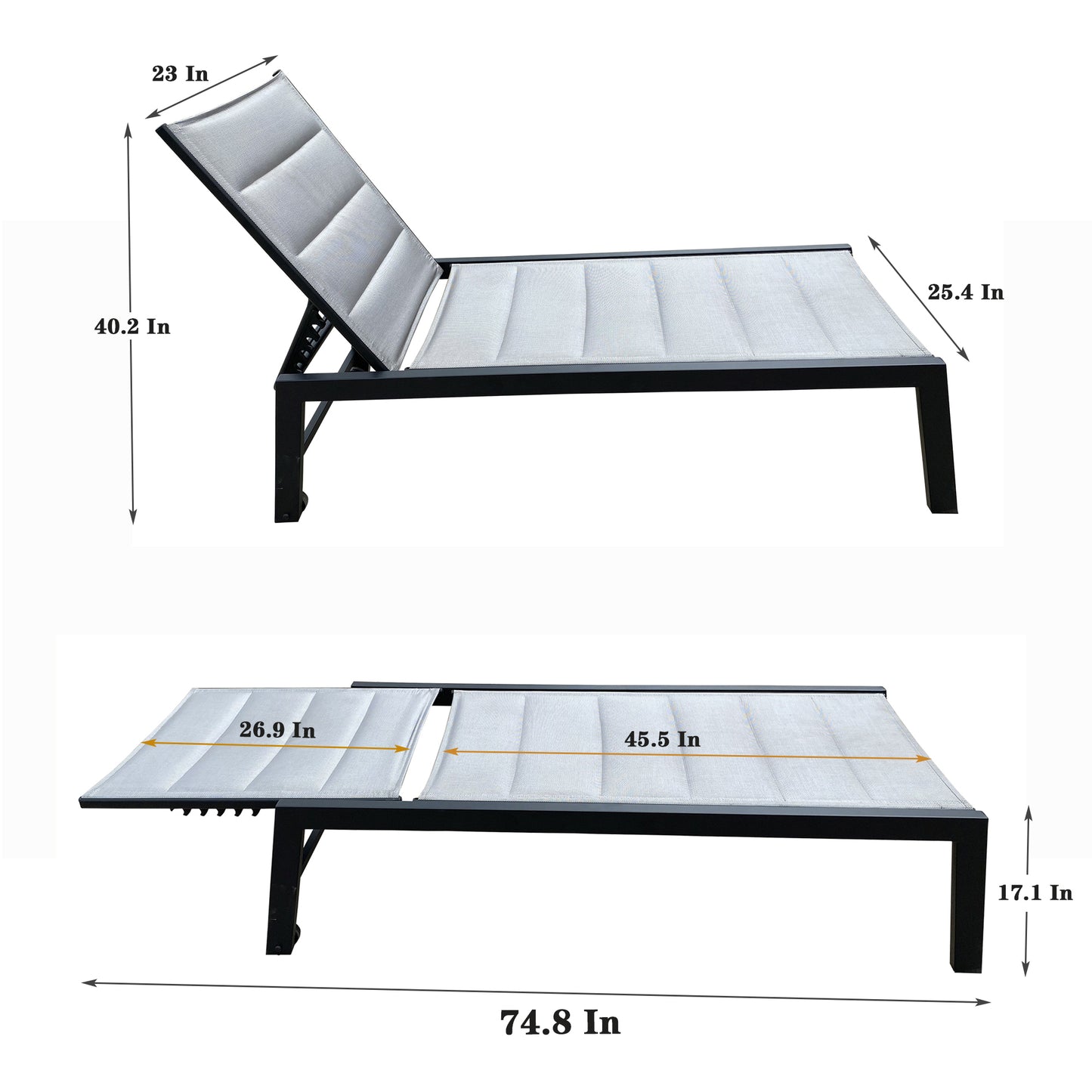 Deluxe Outdoor Chaise Lounge Chair, Five-Position Adjustable Aluminum Recliner, All Weather For Patio, Beach, Yard, Pool (Gray Fabric)