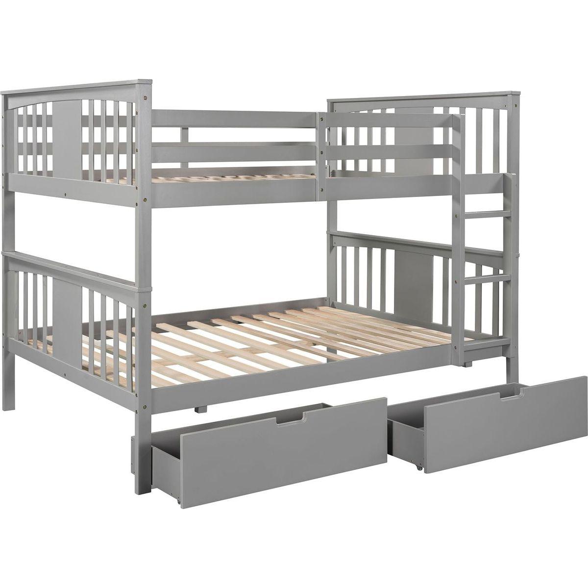 Full over Full Bunk Bed with Drawers and Ladder for Bedroom, Guest Room Furniture-Gray