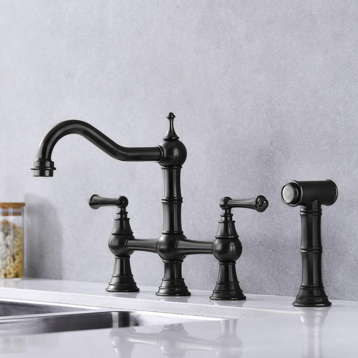 Bridge Dual Handles Kitchen Faucet With Pull-Out Side Spray in