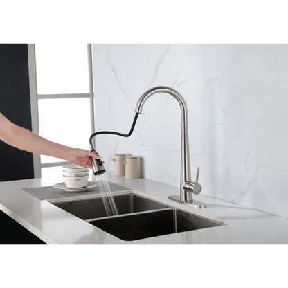 Kitchen Faucet with Pull Down Sprayer Brushed Nickel, High Arc Single Handle Kitchen Sink Faucet with Deck Plate, Commercial Modern Stainless Steel Kitchen Faucets