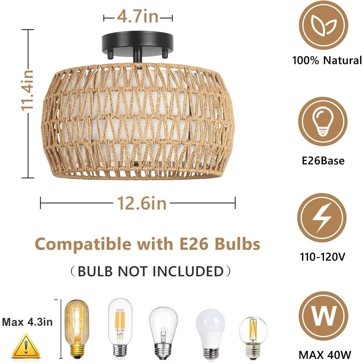 3-Light Woven Rattan Semi Flush Mount Ceiling Light