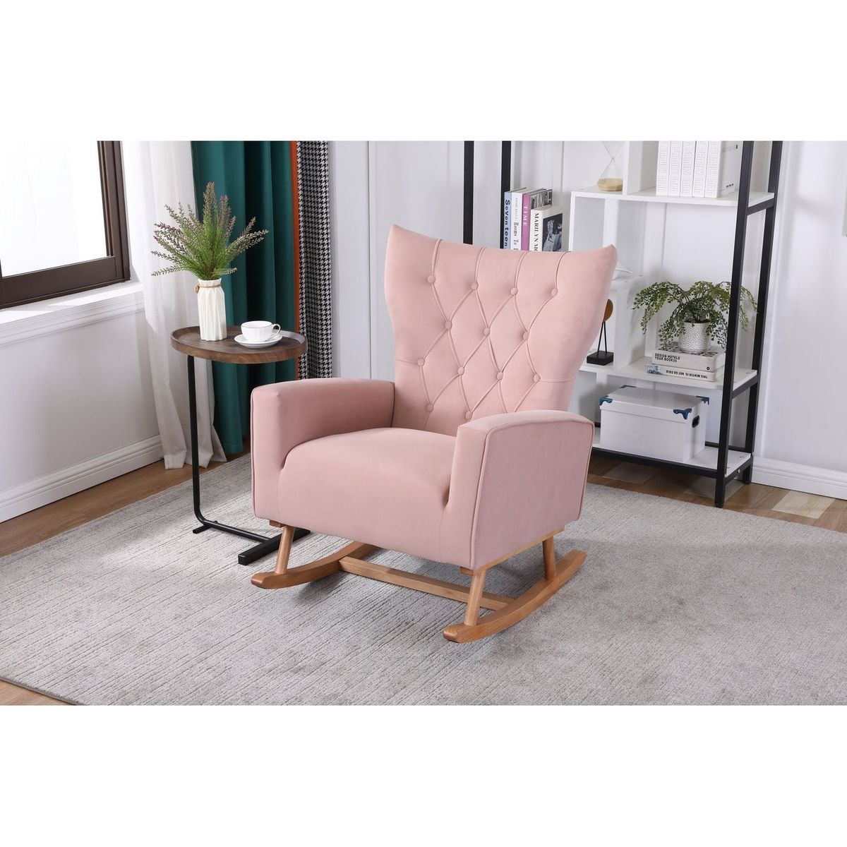 Baby Room High Back Rocking Chair Nursery Chair, Comfortable Rocker Fabric Padded Seat, Modern High Back Armchair