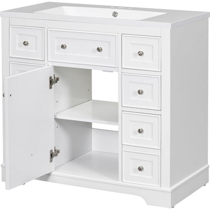 36" Bathroom Vanity with Sink Combo, One Cabinet and Six Drawers, Solid Wood and MDF Board, White