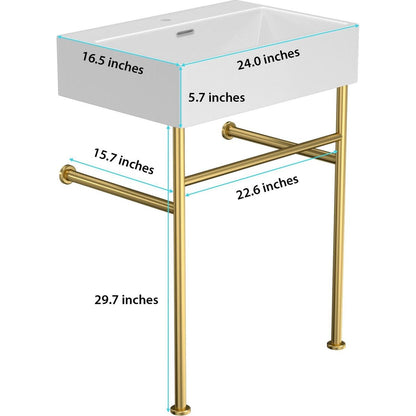 24" Bathroom Console Sink with Overflow, Ceramic Console Sink White Basin Gold Legs