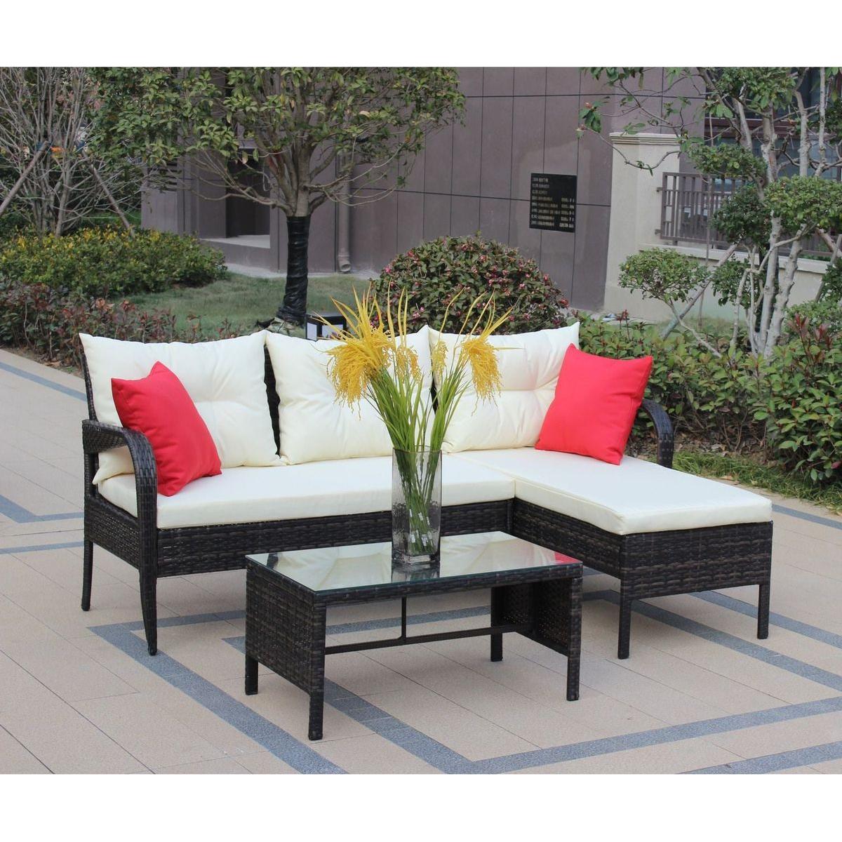 Outdoor patio Furniture sets 3 piece Conversation set wicker Ratten Sectional Sofa With Seat Cushions(Beige Cushion)