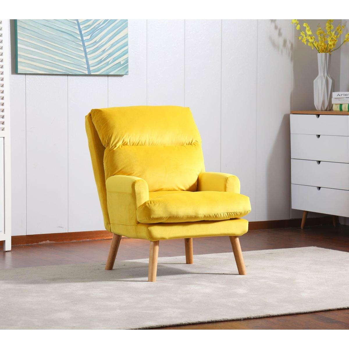 Soft Comfortable 1pc Accent Click Clack Chair with Ottoman Yellow Fabric Upholstered Oak Finish Legs Living Room Furniture