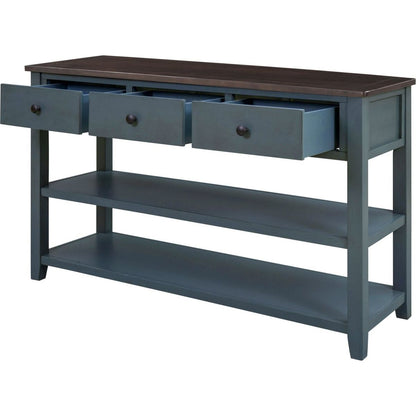 Retro Design Console Table with Two Open Shelves, Pine Solid Wood Frame and Legs for Living Room (Navy) - Streamdale Furniture