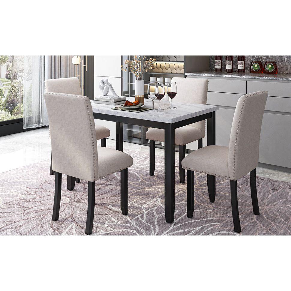 Faux Marble 5-Piece Dining Set Table with 4 Thicken Cushion Dining Chairs Home Furniture, White/Beige+Black