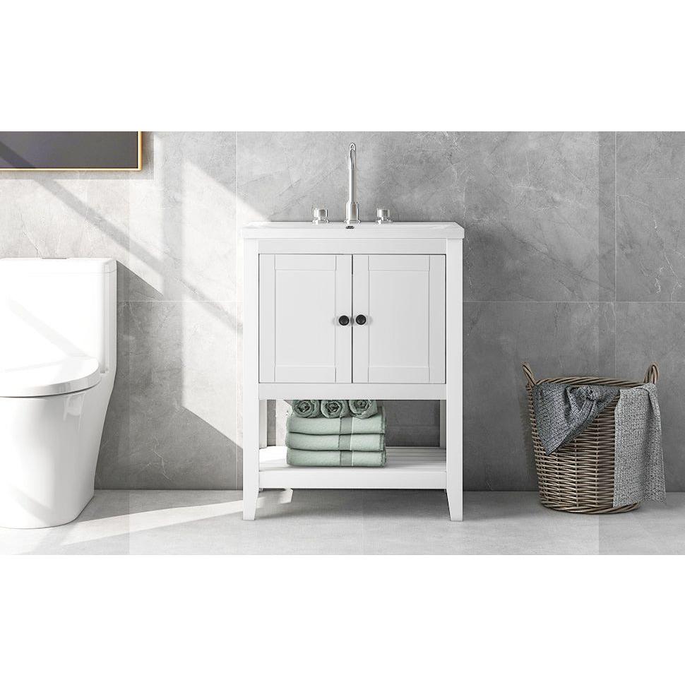 24" White Modern Sleek Bathroom Vanity Elegant Ceramic Sink with Solid Wood Frame Open Style Shelf