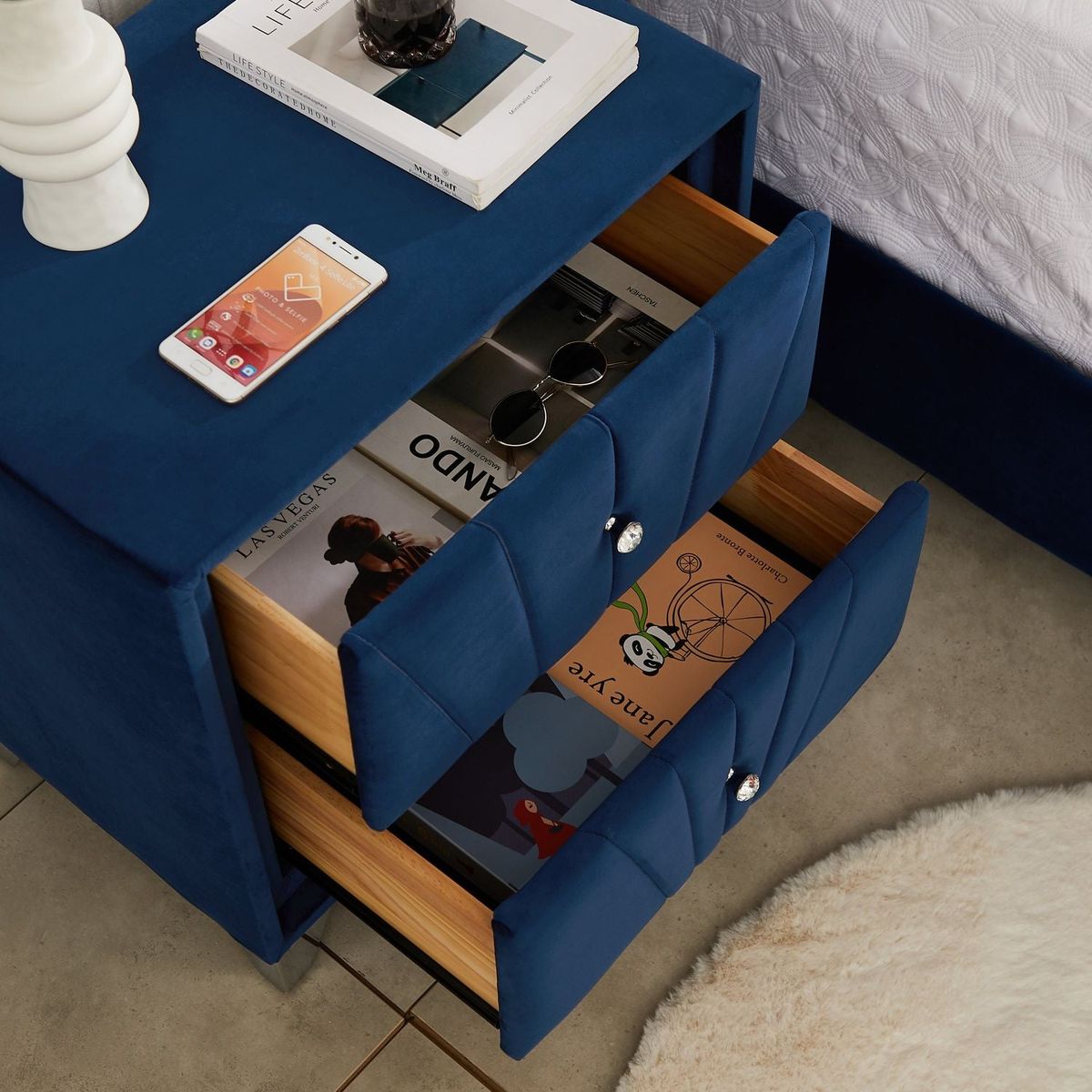 Full bed with two nightstands, Beautiful line stripe cushion headboard, strong wooden slats + metal legs with Electroplate