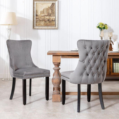 Upholstered Wing-Back Dining Chair with Backstitching Nailhead Trim and Solid Wood Legs, Set of 2, Gray, 8809GY, KD