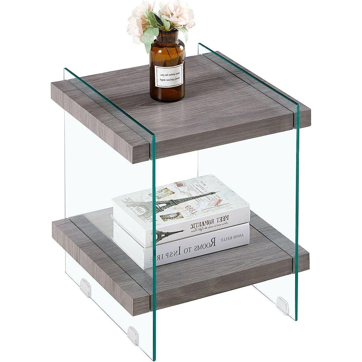 17.72" Sleek and Sturdy Tempered Glass Leg Side Table with Dual MDF Shelves, Modern nightstand end table for living roon, bedroom, transparent/brown