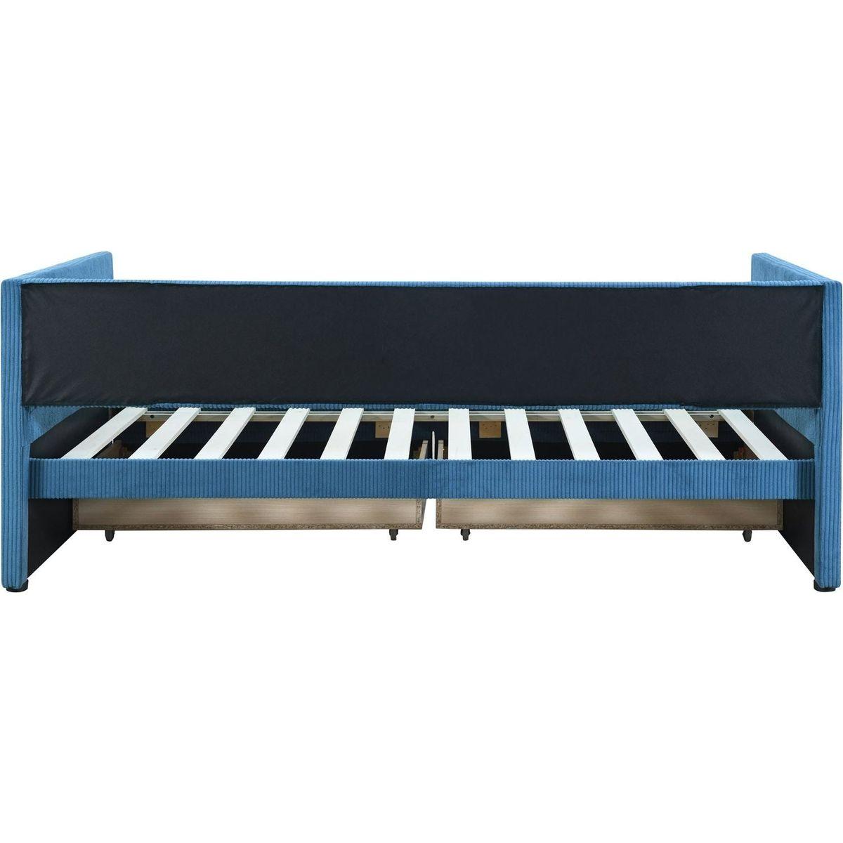Twin Size Corduroy Daybed with Two Drawers and Wood Slat, Blue