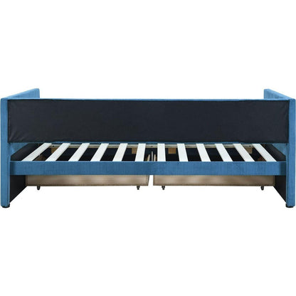 Twin Size Corduroy Daybed with Two Drawers and Wood Slat, Blue
