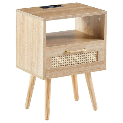 15.75" Rattan End table with Power Outlet & USB Ports, Modern nightstand with drawer and solid wood legs, side table for living roon, bedroom, natural