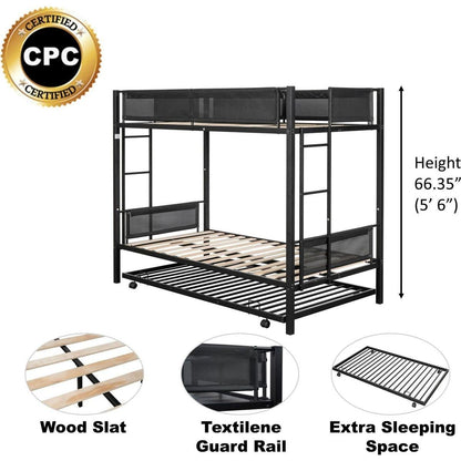 Twin over twin bunk bed with trundle (Wood Slat and Textilene Guardrail)