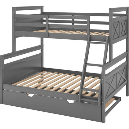 Twin over Full Bunk Bed with Ladder, Twin Size Trundle, Safety Guardrail, Gray