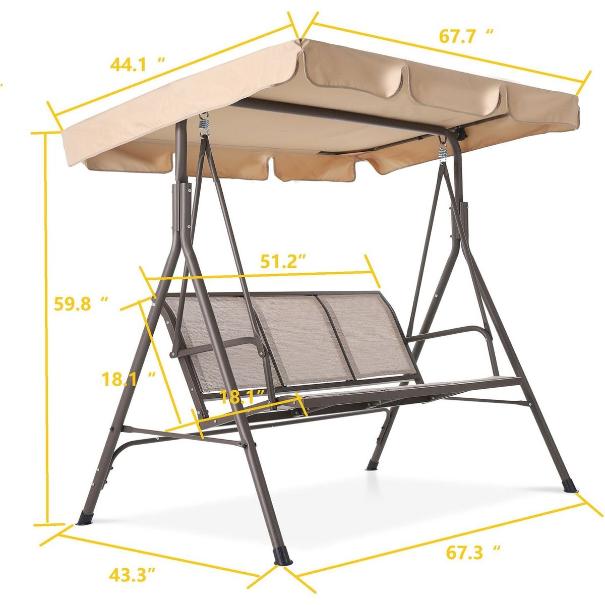 3 Person Outdoor Patio Swing, Steel Frame Textilene Seats Steel Frame Swing Chair, Beige