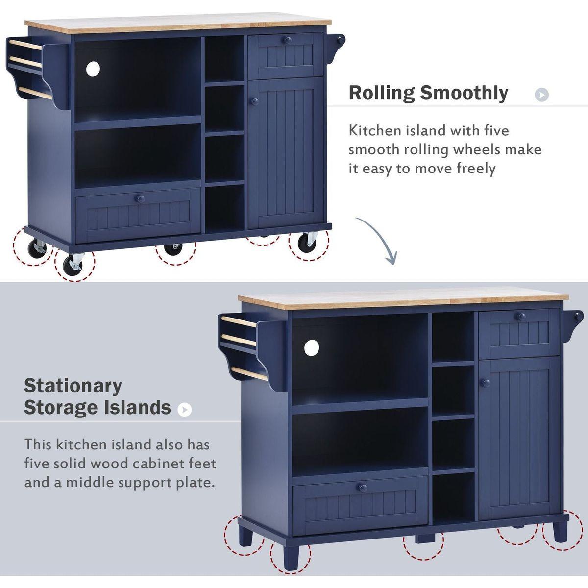 Kitchen Island Cart with Storage Cabinet and Two Locking Wheels,Solid wood desktop,Microwave cabinet,Floor Standing Buffet Server Sideboard for Kitchen Room,Dining Room,, Bathroom(Dark blue)