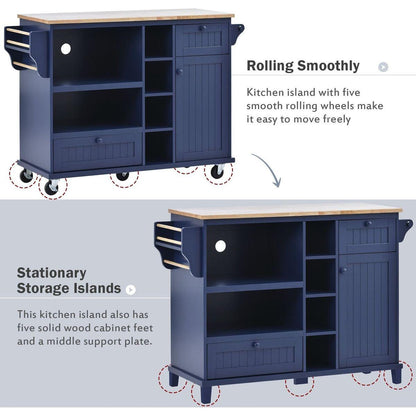 Kitchen Island Cart with Storage Cabinet and Two Locking Wheels,Solid wood desktop,Microwave cabinet,Floor Standing Buffet Server Sideboard for Kitchen Room,Dining Room,, Bathroom(Dark blue)