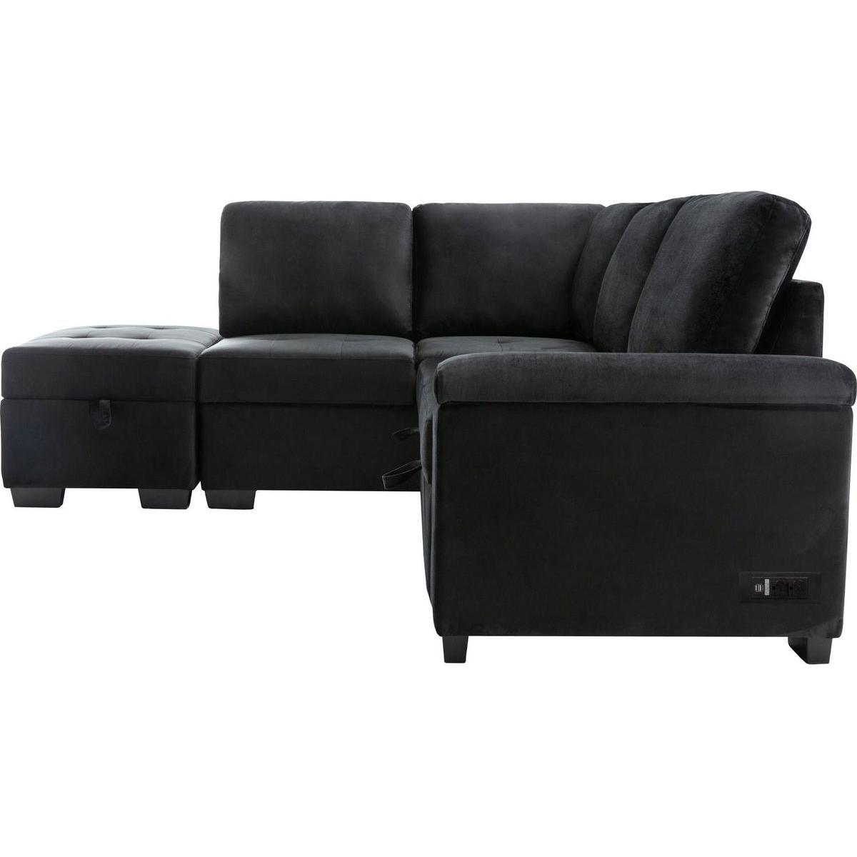 Sleeper Sectional Sofa, L-Shape Corner Couch Sofa-Bed with Storage Ottoman & Hidden Arm Storage & USB Charge for Living Room Apartment, Black