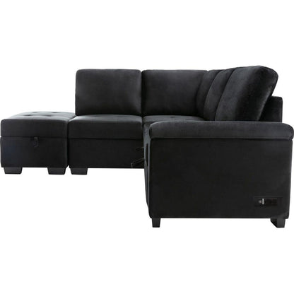 Sleeper Sectional Sofa, L-Shape Corner Couch Sofa-Bed with Storage Ottoman & Hidden Arm Storage & USB Charge for Living Room Apartment, Black