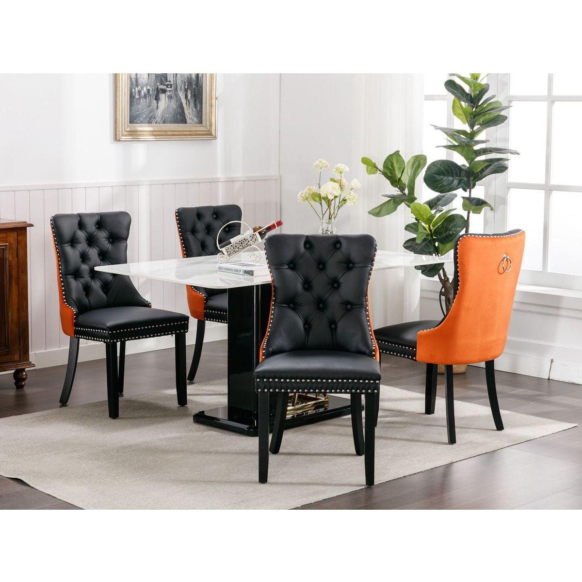 Nikki Collection Modern, High-end Tufted Solid Wood Contemporary PU and Velvet Upholstered Dining Chair with Wood Legs Nailhead Trim 2-Pcs Setlack+Orange