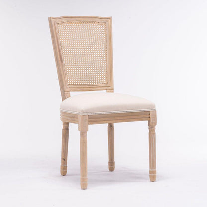 French Style Solid Wood Frame Antique Painting Linen Fabric Square Rattan Back Dining Chair, Set of 2, Cream