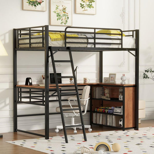 Twin Size Metal Loft Bed with 3 Layers of Shelves and L-shaped Desk, Black