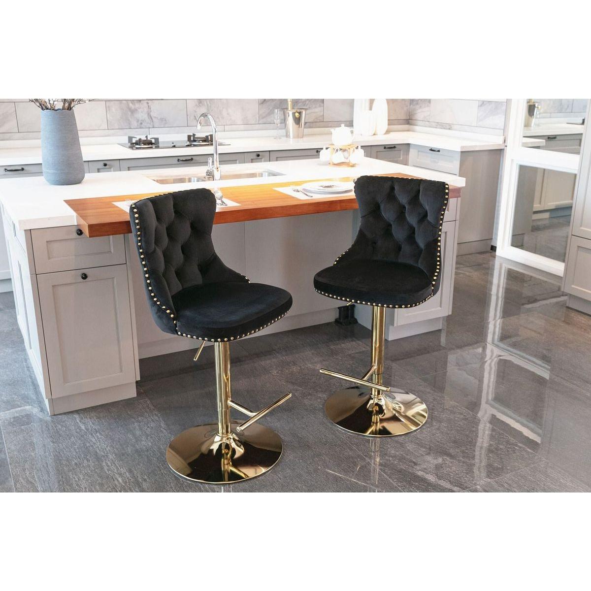 Golden Swivel Velvet Barstools Adjusatble Seat Height from 25-33 Inch, Modern Upholstered Bar Stools with Backs Comfortable Tufted for Home Pub and Kitchen Islandlack, Set of 2) - Streamdale Furniture
