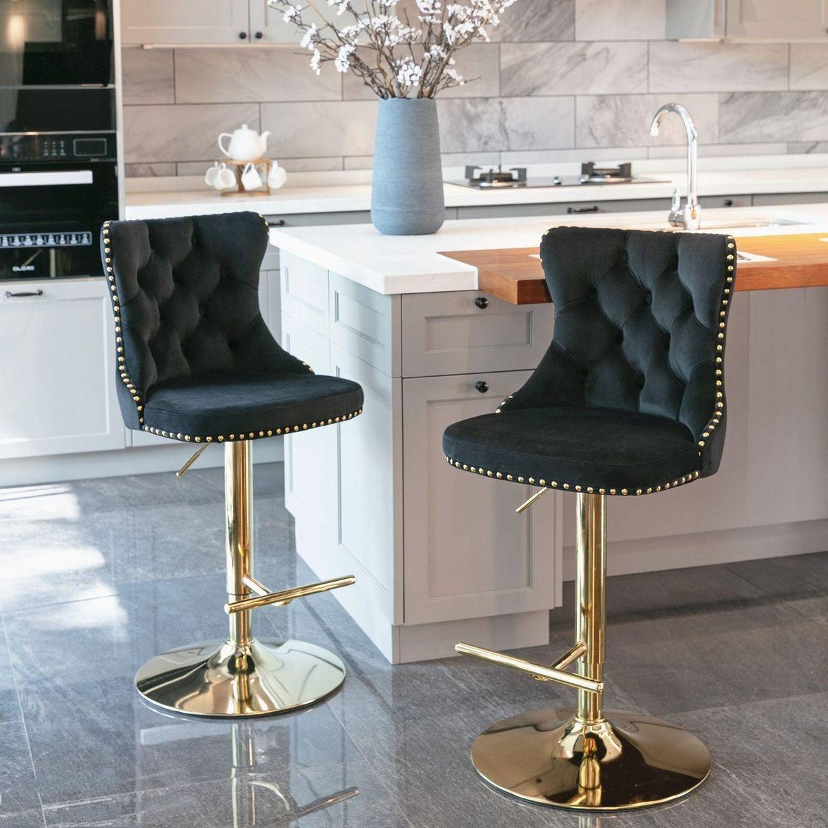 Golden Swivel Velvet Barstools Adjusatble Seat Height from 25-33 Inch, Modern Upholstered Bar Stools with Backs Comfortable Tufted for Home Pub and Kitchen Islandlack, Set of 2) - Streamdale Furniture
