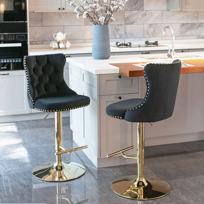 Golden Swivel Velvet Barstools Adjusatble Seat Height from 25-33 Inch, Modern Upholstered Bar Stools with Backs Comfortable Tufted for Home Pub and Kitchen Islandlack, Set of 2) - Streamdale Furniture