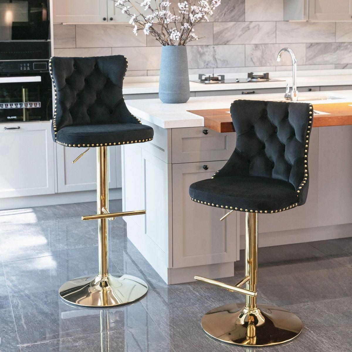 Golden Swivel Velvet Barstools Adjusatble Seat Height from 25-33 Inch, Modern Upholstered Bar Stools with Backs Comfortable Tufted for Home Pub and Kitchen Islandlack, Set of 2) - Streamdale Furniture