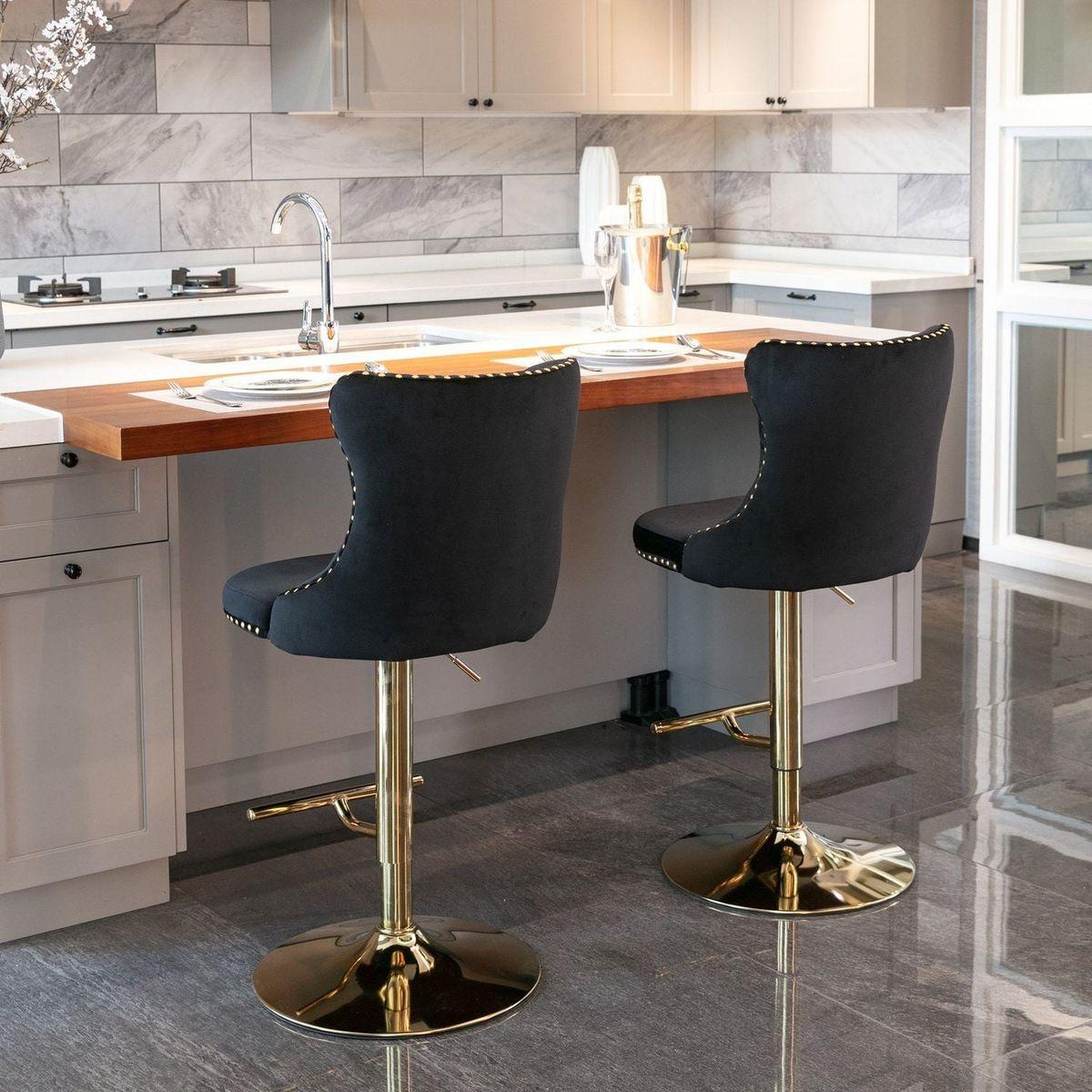 Golden Swivel Velvet Barstools Adjusatble Seat Height from 25-33 Inch, Modern Upholstered Bar Stools with Backs Comfortable Tufted for Home Pub and Kitchen Islandlack, Set of 2) - Streamdale Furniture