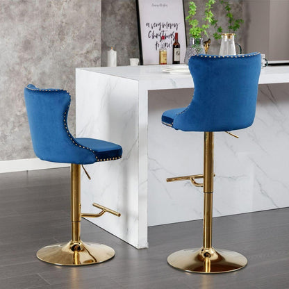 Golden Swivel Velvet Barstools Adjusatble Seat Height from 25-33 Inch, Modern Upholstered Bar Stools with Backs Comfortable Tufted for Home Pub and Kitchen Island, Blue, Set of 2 - Streamdale Furniture