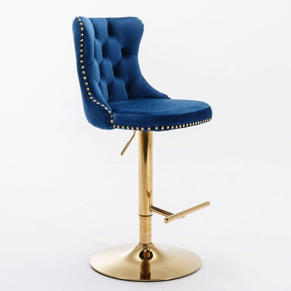 Golden Swivel Velvet Barstools Adjusatble Seat Height from 25-33 Inch, Modern Upholstered Bar Stools with Backs Comfortable Tufted for Home Pub and Kitchen Island, Blue, Set of 2 - Streamdale Furniture