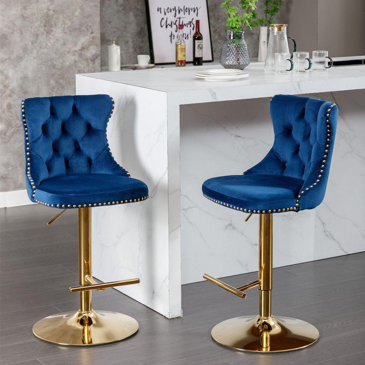 Golden Swivel Velvet Barstools Adjusatble Seat Height from 25-33 Inch, Modern Upholstered Bar Stools with Backs Comfortable Tufted for Home Pub and Kitchen Island, Blue, Set of 2 - Streamdale Furniture