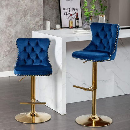 Golden Swivel Velvet Barstools Adjusatble Seat Height from 25-33 Inch, Modern Upholstered Bar Stools with Backs Comfortable Tufted for Home Pub and Kitchen Island, Blue, Set of 2 - Streamdale Furniture