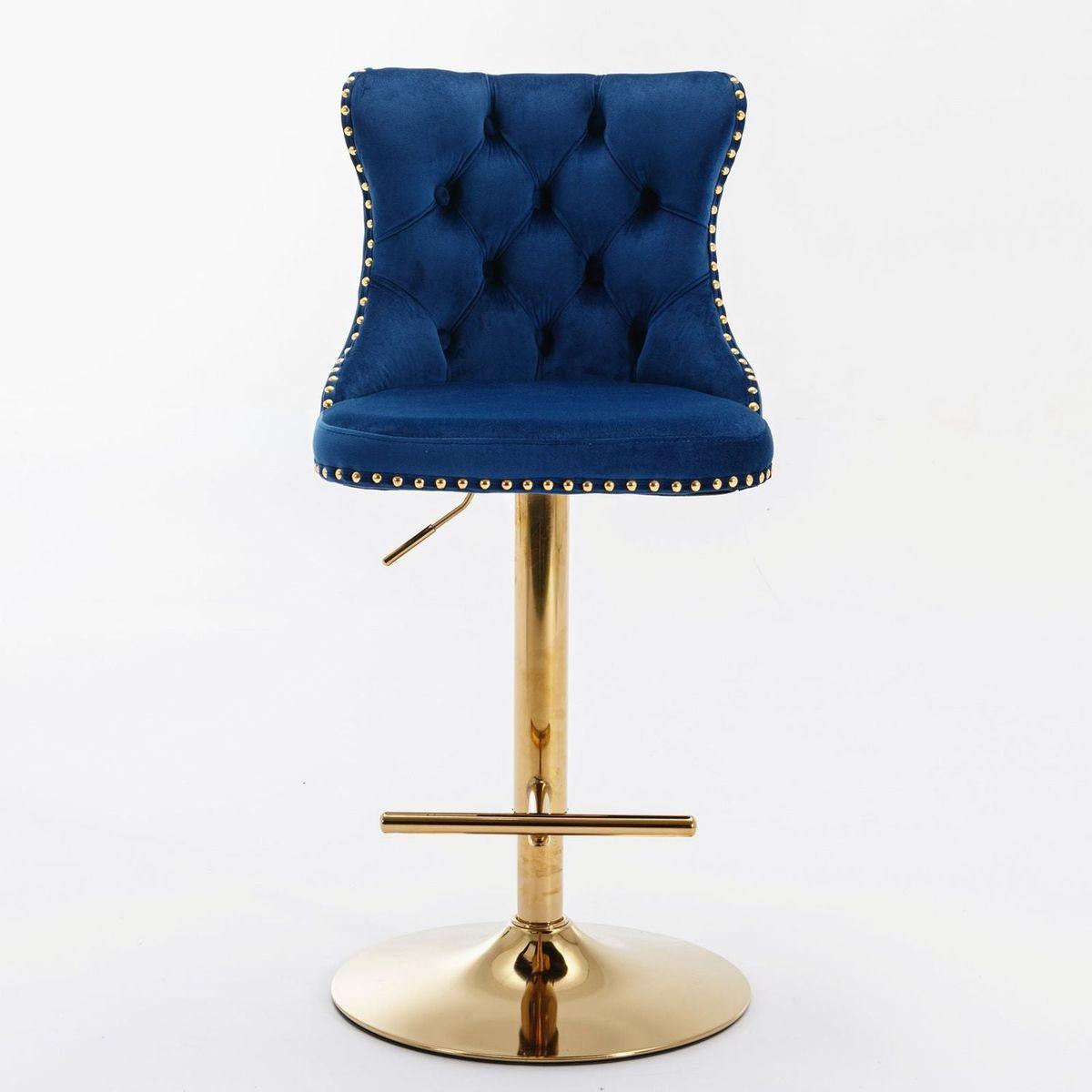 Golden Swivel Velvet Barstools Adjusatble Seat Height from 25-33 Inch, Modern Upholstered Bar Stools with Backs Comfortable Tufted for Home Pub and Kitchen Island, Blue, Set of 2 - Streamdale Furniture