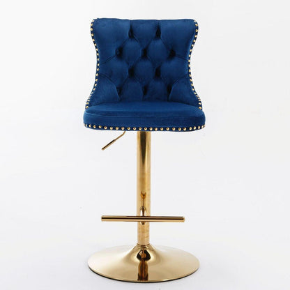 Golden Swivel Velvet Barstools Adjusatble Seat Height from 25-33 Inch, Modern Upholstered Bar Stools with Backs Comfortable Tufted for Home Pub and Kitchen Island, Blue, Set of 2 - Streamdale Furniture