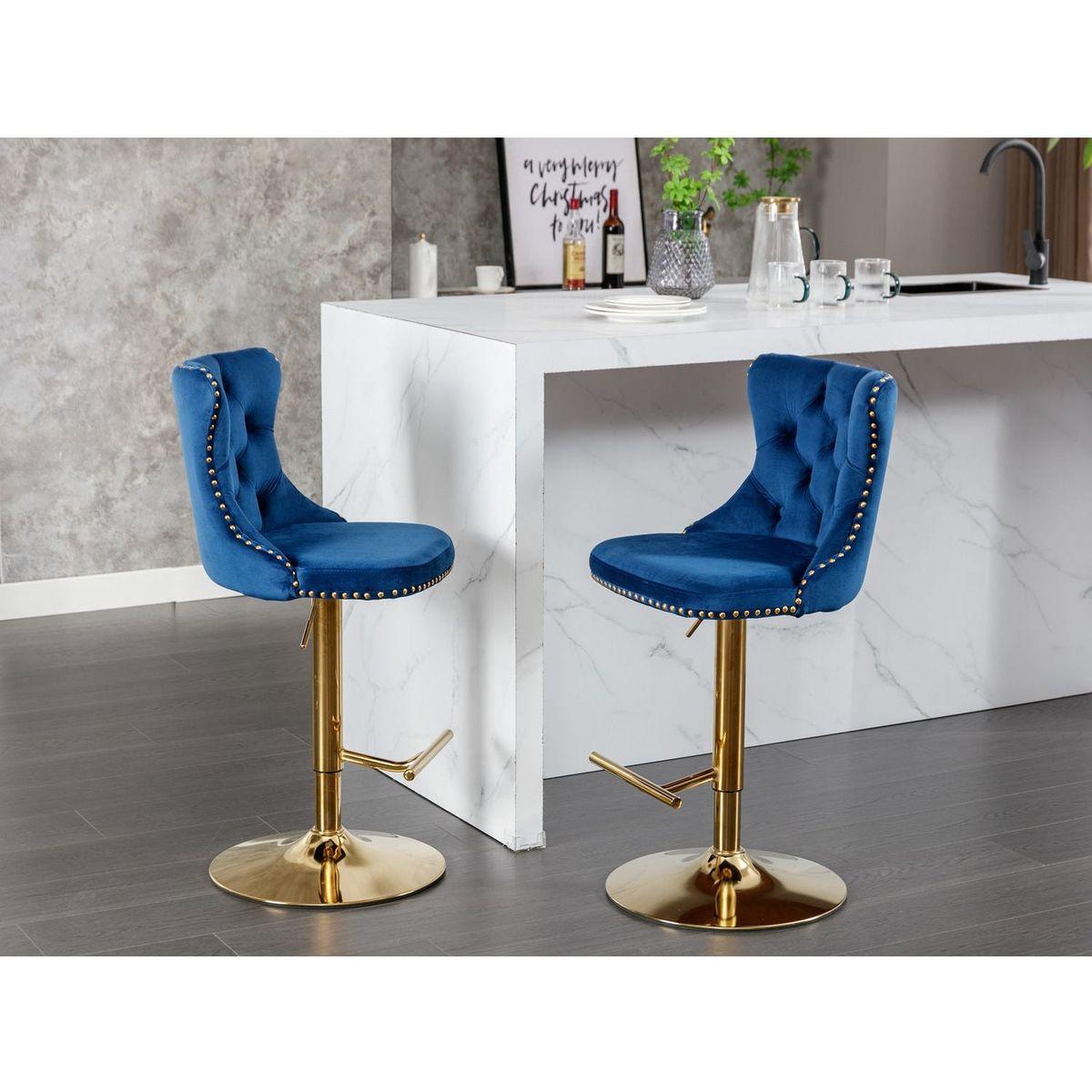 Golden Swivel Velvet Barstools Adjusatble Seat Height from 25-33 Inch, Modern Upholstered Bar Stools with Backs Comfortable Tufted for Home Pub and Kitchen Island, Blue, Set of 2 - Streamdale Furniture